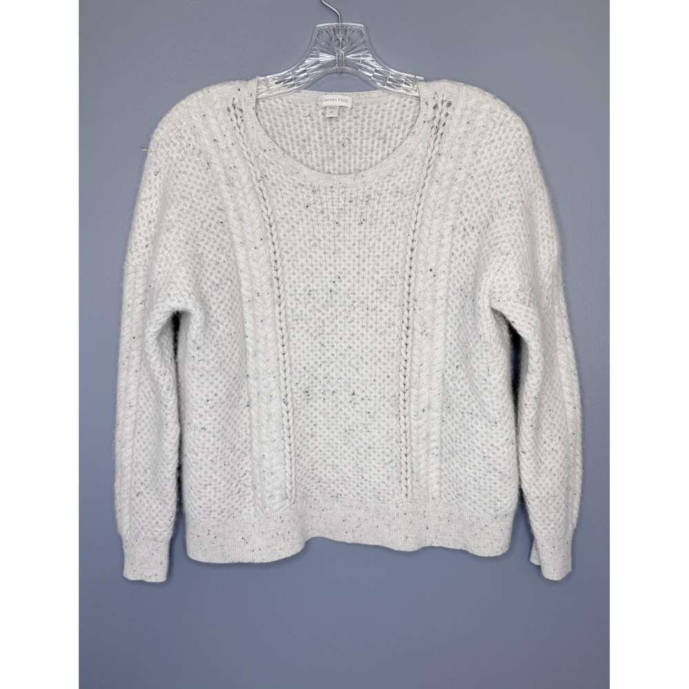 Garnet Hill Mazie Sweater Womens M Grey White 100% Cashmere Cable Knit Crewneck